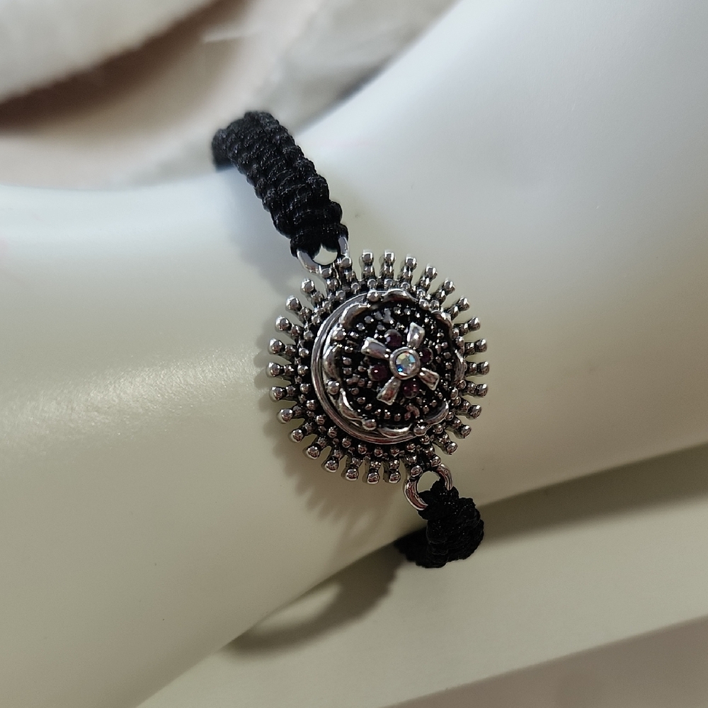 Ornate Silver Medallion Black Cord Bracelet